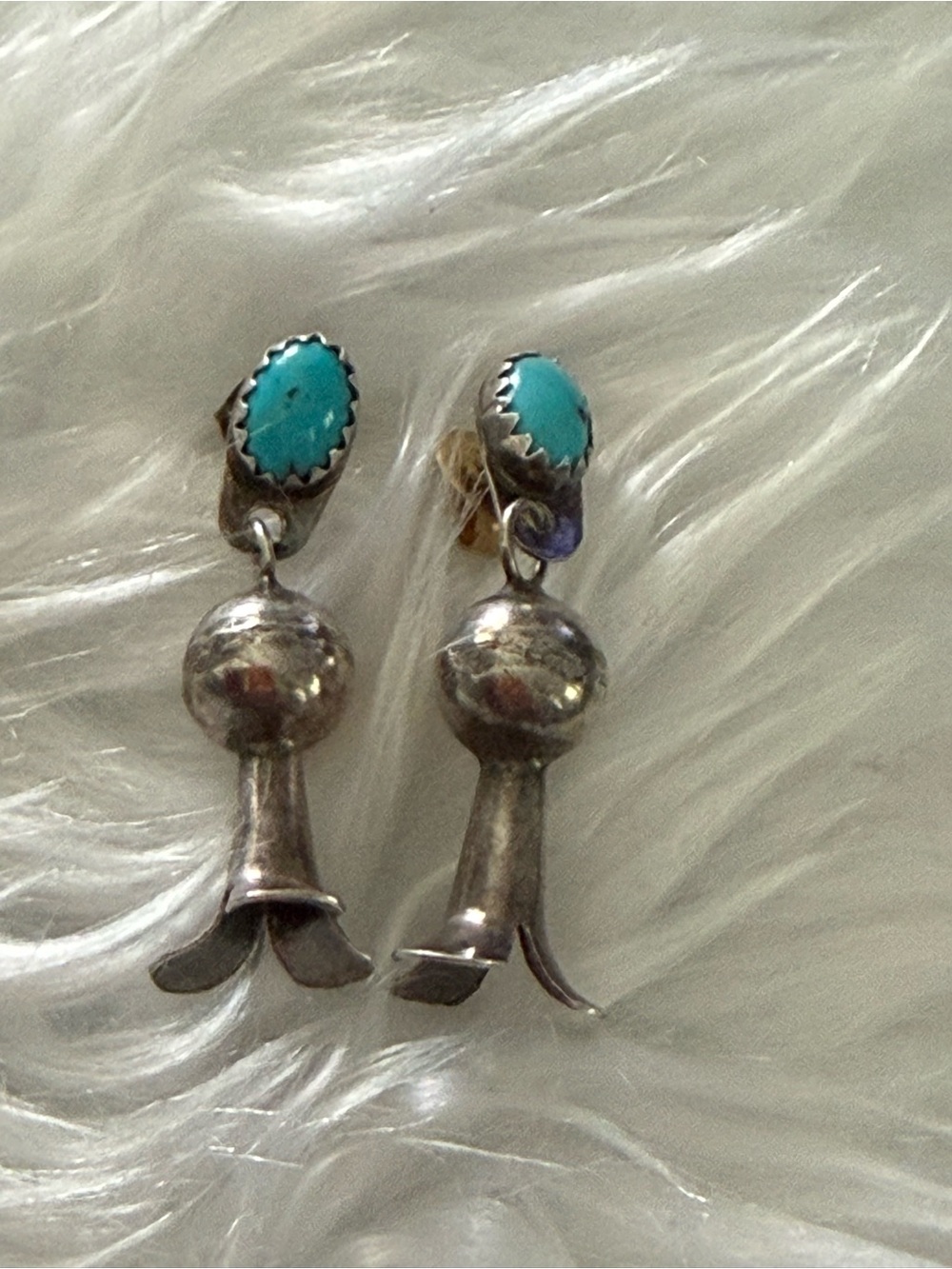 Turquoise Navajo squash, blossom  Silver Dangle Earrings Blue Turquoise accent